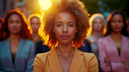 Fototapeta premium Embrace the Power of women: International Women's Day, a diverse and powerful group of women stand confidently in a modern urban environment. Celebrate diversity, strength and confidence.