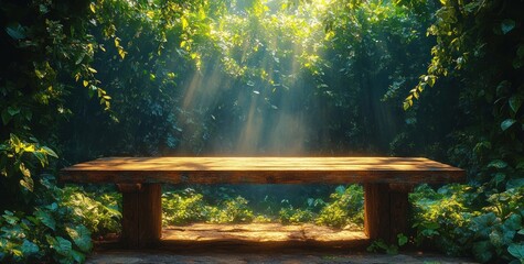 Naklejka premium Serene Nature Scene with Wooden Table and Vibrant Green Foliage in Soft Sunlight Outdoors