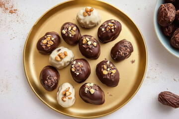 Fototapeta premium top view of chocolate dates plated on golden background