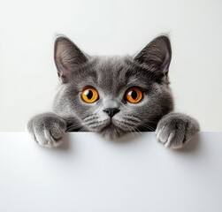 Adorable fluffy gray kitten with bright orange eyes peeking over a white surface in a playful and curious expression, perfect for pet lovers and animal themes
