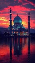 Naklejka premium Majestic Mosque at Sunset with Red Sky Reflection
