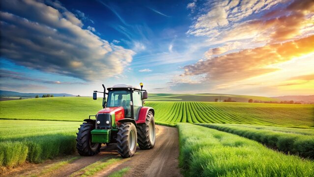 Modern agricultural tractor driving on a rural landscape with a green field and a blue sky background, machinery