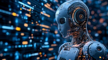 Fototapeta premium Futuristic Robot with Circuitry Design in Digital Environment