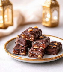 chocolate and date bars in a beautiful plate on gold background with a ramadan lantern
