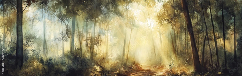 Poster Sunlight filters through a lush bamboo forest creating a tranquil and mysterious atmosphere