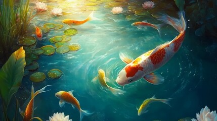 A colorful koi fish swimming in a pond