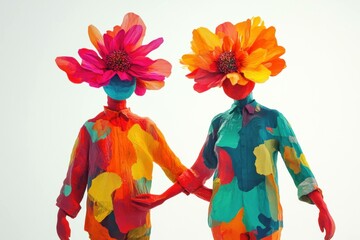 Two vibrant models with colorful body paint and floral headpieces posing together, celebrating creativity and self expression in a bright, abstract setting