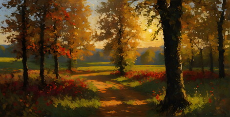 The setting sun in a clearing painting