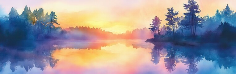 Colorful sunset over tranquil river with silhouetted trees and serene reflections in watercolor style