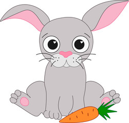 Cartoon happy rabbit bunny with a carrot, cute graphic line vector illustration. Chinese new year 2035 Rabbit lunar lantern festival