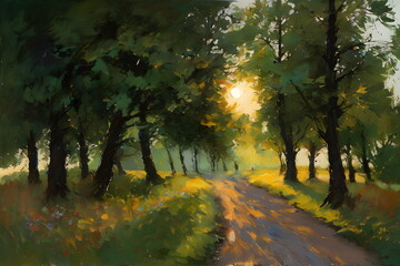 The setting sun in a clearing painting