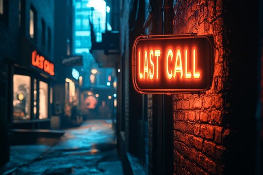 Vibrant neon last call sign illuminates a dimly lit alleyway in the city at night, inviting visitors to enjoy one final drink before closing time