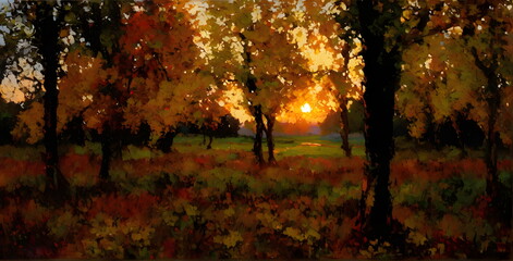 The setting sun in a clearing painting