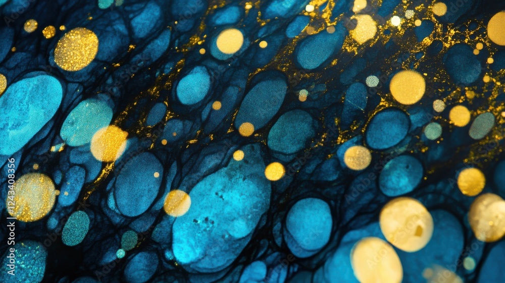 Poster dynamic display of cyan and gold bokeh lights depicting energy and movement in a captivating color p