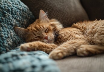 Adorable ginger cat peacefully sleeping on a cozy couch with textured blankets in a warm, inviting living room setting