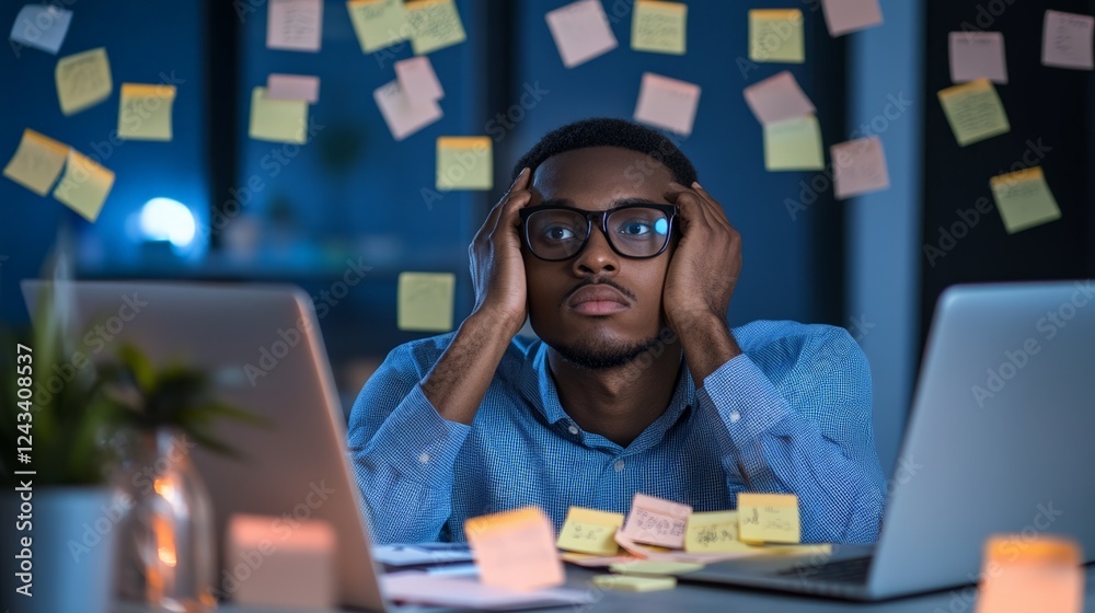 Poster young stressed african businessman suffering from fobo, fear of better option, surrounded by sticky 