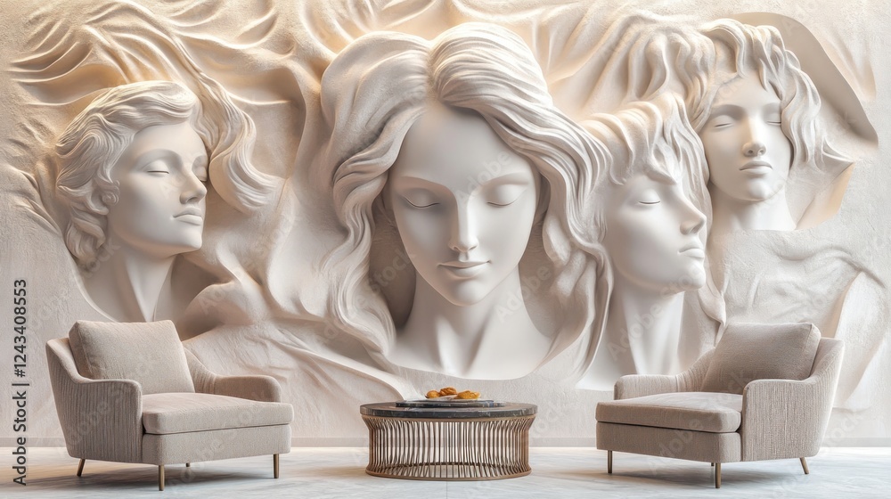 Wall mural Elegant 3D wall art of serene female faces in a modern living room.