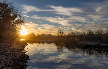 Beautiful Sunset and Sky Reflections On The  Salt River In Arizona Desert Near Mesa