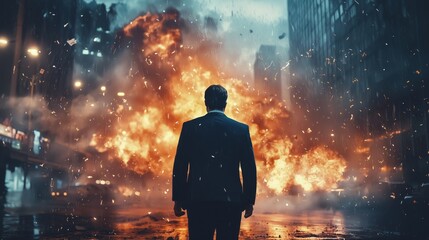 Fototapeta premium Man in Suit Stands Before Fiery Explosion in Urban City Setting