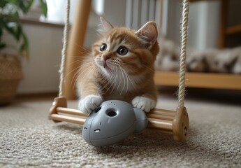 Adorable ginger kitten playing on a wooden swing with a plush toy in a cozy indoor setting surrounded by warm natural light and playful atmosphere