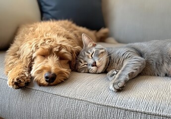 Adorable golden doodle dog and grey tabby cat peacefully sleeping together on a cozy couch in a bright and inviting living room setting