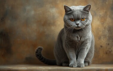 Obraz premium Adorable Gray Cat with Striking Orange Eyes Sitting Elegantly Against a Dramatic Brown Background in a Studio Setting