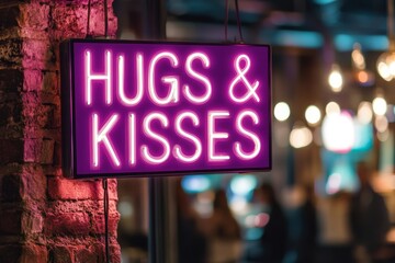 Bright neon hugs and kisses sign hanging on a brick wall in a lively urban setting at night