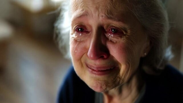Closeup of An elderly woman crying and deep in thought, showing a serious expression with a hint of sadness, his aged face capturing the wisdom and challenges of retirement