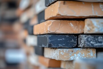 Close-up image depicting a beautifully arranged collection of stone blocks, focusing on their natural textures and colors, ideal for nature-inspired themes in stock photography.