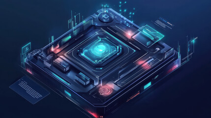 Fototapeta premium Isometric graphic of data protection software interface featuring futuristic elements, glowing lights, and digital displays. design emphasizes security and technology