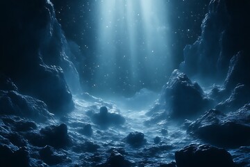 Mystical blue cave with light beams.
