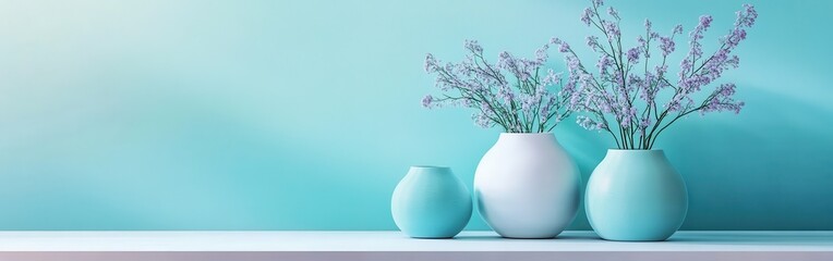 Elegant pastel color composition with lavender flowers in teal vases enhances tranquility in interior decor