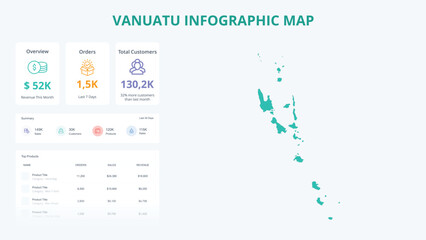 Business Growth Infographic Map of Vanuatu. Orders, Customers, Sales Overview & product Infographic Map of Vanuatu. Easy to edit