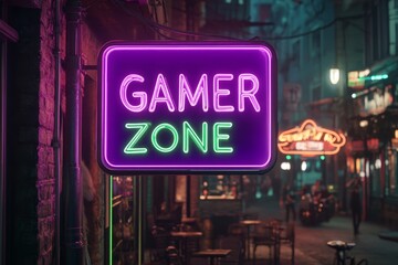 Bright neon gamer zone sign lights up the vibrant street at night