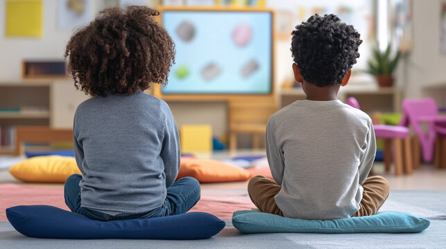 Two younger children are seated on floor cushions in a classroom, engaged in a captivating story while secretly chatting with each other.