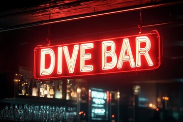 Vibrant neon dive bar sign illuminates a bustling nightlife scene
