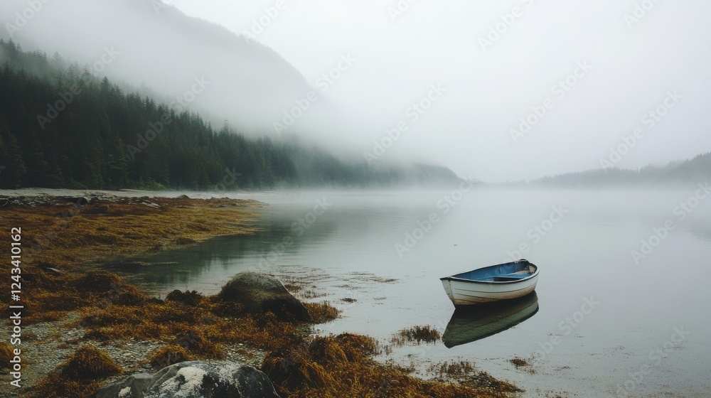 Poster mist envelops tranquil lake with a solitary rowboat anchored near the shore at dawn