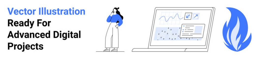 Obraz premium Woman contemplating data insights, analytics on a laptop, and a stylized flame. Ideal for technology, innovation, analytics, research, productivity, business solutions flat landing page banner