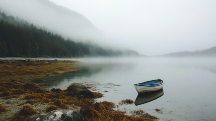 Mist envelops tranquil lake with a solitary rowboat anchored near the shore at dawn