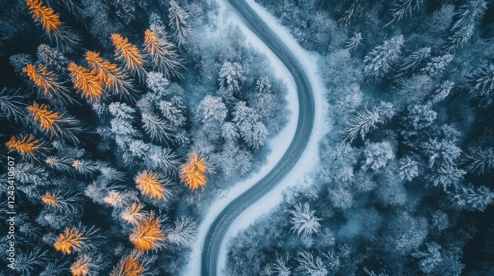 Poster winding snowy road through a dense forest illuminated by soft light during winter