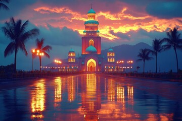 Illuminated Mosque at Sunset with Water Reflection