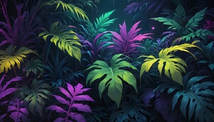Hojas tropicales vibrantes en tonos de verde, amarillo y morado sobre un fondo oscuro, creando un patrón exuberante, exótico y visualmente llamativo