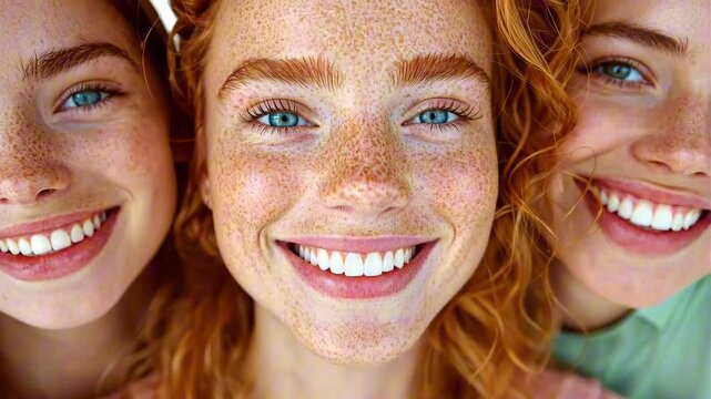 Three smiling caucasian young females with red hair and freckles close-up