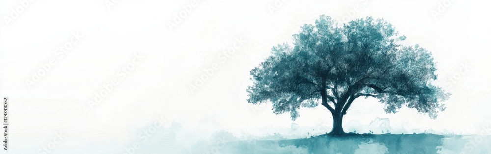 Poster Minimalist pencil silhouette of a tree with gradient shades of teal and gray blending softly into a white canvas landscape