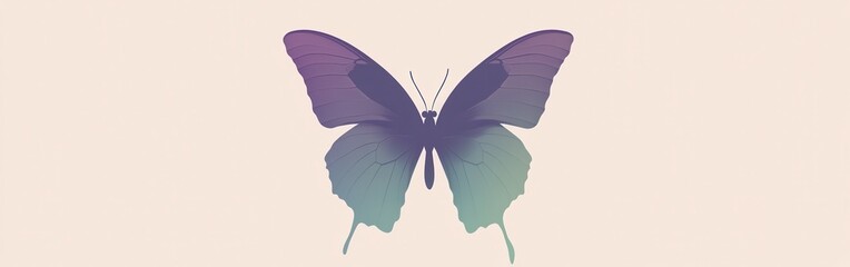 Minimalist silhouette of a butterfly in pastel lavender and teal against negative space