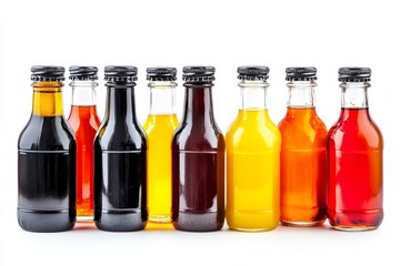 Colorful Assortment of Fresh Juices in Bottles - A vibrant collection of bottled juices showcases a variety of refreshing flavors, representing health, refreshment, vitality