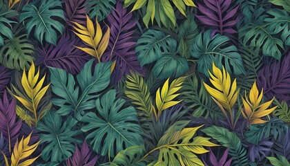 Fototapeta premium Hojas tropicales vibrantes en tonos de verde, amarillo y morado sobre un fondo oscuro, creando un patrón exuberante, exótico y visualmente llamativo