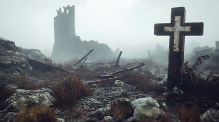 Naklejka premium An old gravestone stands amidst the ruins of a battlefield. The ground is littered with rusted weapons, and the remnants of a broken siege tower rise in the distance, covered in fog.