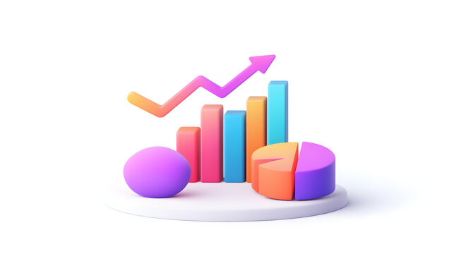 
lying composition 3d icon, UI icon, a chart icon, bar chart has a rising arrow on it, bar chart, pie chart, a rising arrow, frosted glass, transparent, white background, transparent technology sense - Powered by Adobe