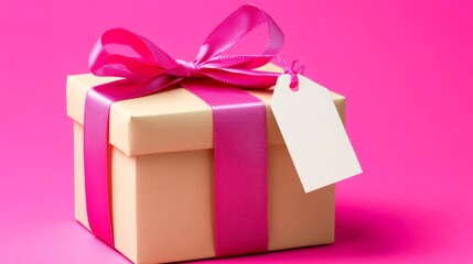 Beautifully Wrapped Gift Box - A beige gift box with a vibrant pink ribbon and a blank tag, set against a bright pink background. Perfect for holidays, birthdays, or any special occasion.